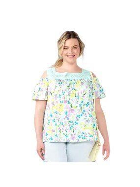 LAUREN CONRAD- WOMENS GREEN MULTI SQUARE NECK COLD SHOULDER TOP SIZE X-SMALL